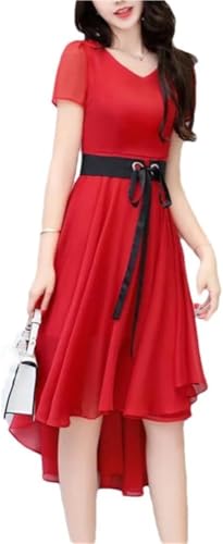 Women’S Chiffon Maxi Casual Dress Summer Korean Style Long Party Short Sleeve Office Dresses for Party(Red,X-Large)