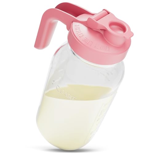 County Line Kitchen Glass Breast Milk Pitcher with Lid - Wide Mouth, 2 Quart (64 oz) - Heavy Duty, Leak Proof - Sun & Iced Tea Pitcher, Cold Brew Coffee, Breast Milk Storage, Water - Pink