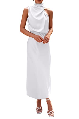 PRETTYGARDEN Women's 2025 Summer Satin Dress Elegant Sleeveless Mock Neck Cocktail Party Maxi Dresses (White,Medium)