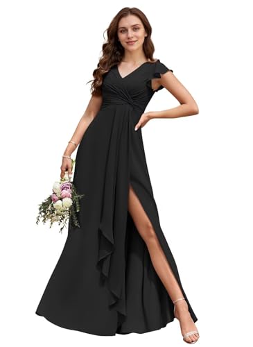 WENKAFO Simple Long Chiffon Plus Size Bridesmaid Dresses with Short Sleeve Chiffon Evening Dresses for Women Formal Black Plus Size 24W