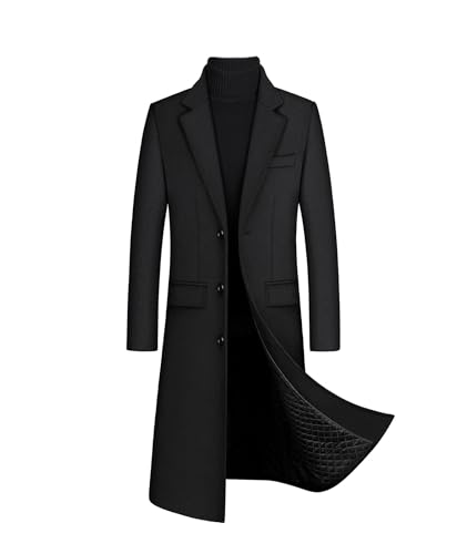 xxxiticat Men's Winter Trench Coat Long Sleeve Notch Lapel Single Breasted Quilted Cotton Long Overcoat Jacket Wool Pea Coat(BL,M)