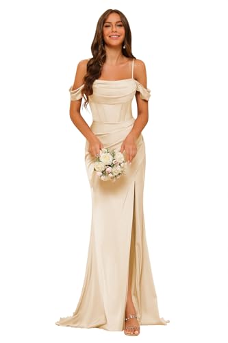 Clothfun Off Shoulder Satin Bridesmaid Dresses for Women with Slit Champagne Pleated Mermaid Corset Bridesmaid Dress Dresses Long Ball Gowns Champagne Size 4