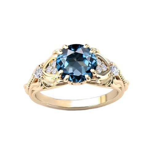 FYBIOD 10K 14K 18K Gold Round Cut Natural Blue Topaz Vintage Ring for Women 1 Carat London/Swiss/Sky Blue Topaz and Moissanite/Diamond Statement Anniversary Ring for Her