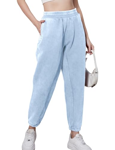 FAIABLE Women's Sweatpants Athletic Workout Joggers Baggy Lounge Pants Acid Wash Fleece Sweat Pants with Pockets Light Blue