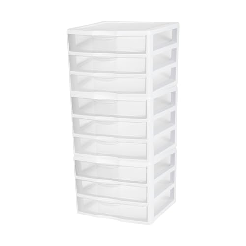 Sterilite 3-Pack Wide 3 Drawer Unit, Plastic Desktop Organizer with Clear Drawers, White Frame - Stackable Multi-Purpose Storage for Office Supplies, Craft Rooms, Classrooms and Home Organization