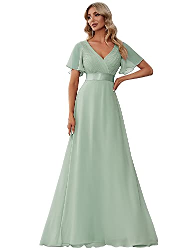 Ever-Pretty Women's Classic Chiffon Short Sleeve Pleated V-Neck Floor Length Bridesmaid Dresses Mint Green US6