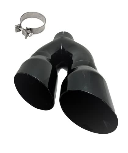 NETAMI 3"Inlet to 4" Dual Outlet Stainless Steel Exhaust Tip Super Gloss Black Powder Coated Side Exit Clamp-on
