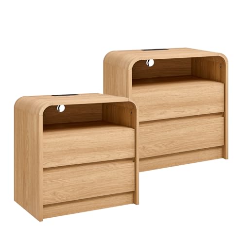 Aitjunz 25" Tall Modern Nightstand Set of 2, 23.6'' Wide Wood Bedside Table w/2 Storage Drawers, Charging Station, Mid Century End Table for Bedroom, Living Room,Curved Profile Design, Natural Oak