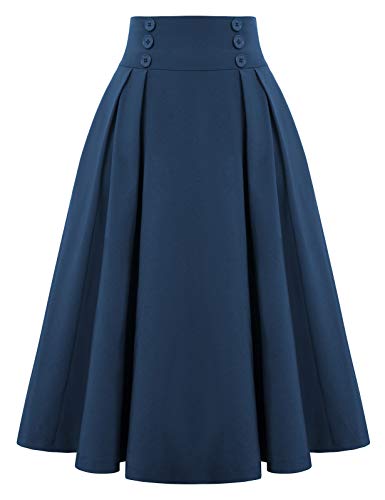 Women 1950's Vintage Pleated Skirt Retro Button A-line Skirts,Navy Blue L