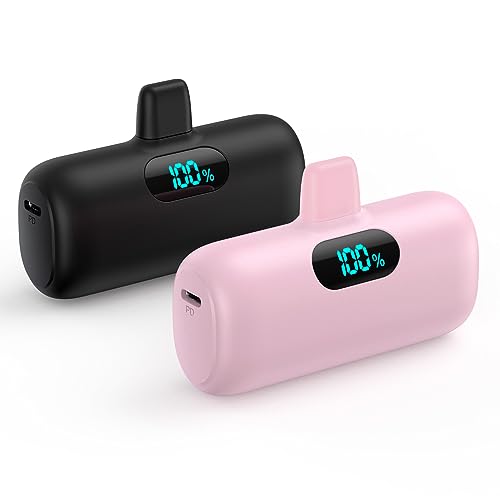 [2 Pack] Mini Portable Charger 5000mAh,Ultra-Compact 15W PD Fast Charging Power Bank,LCD Display Cute Battery Pack Backup Charger Compatible with iPhone 14/14 Pro Max/13 Pro/12/11/XR/8/7-Black+ Pink