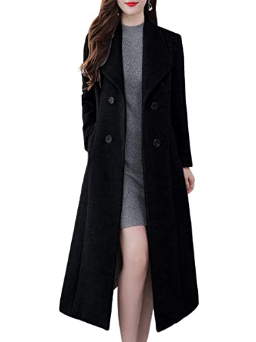 ebossy Women's Shawl Collar Double Breasted Below Knee Slim Wool Trench Long Coat (Medium, Black)