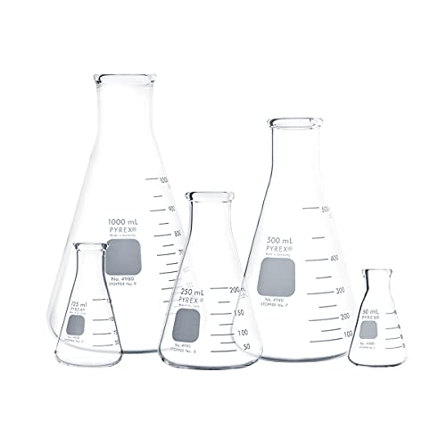 PYREX Narrow Mouth Erlenmeyer Flask with Heavy Duty Rim,Borosilicate Glass Flask – Premium Glass Chemistry Flask for Laboratory, Classroom or Home Use,PYREX Chemistry Glassware, Multipack, Set of 5