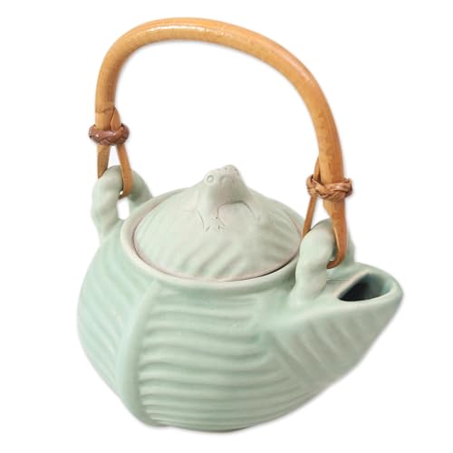 NOVICA Artisan Handmade Ceramic Teapot Green Frog Motif Indonesia Tableware Serveware Coffee Service Animal Themed 'Banana Frog'