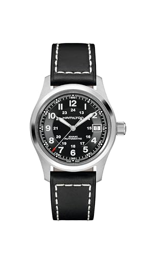 Hamilton Watch Khaki Field Auto | Swiss Made | 38mm Stainless Steel Case | Black Dial Analog Watch | Leather Strap (Model: H70455733)