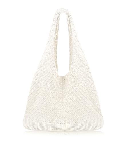 COOKOOKY Beach Tote bag Crochet Summer Beach Bag for Women Aesthetic Mesh Tote Bag Hippie Bag Knit Bag (B-Beige, Medium)
