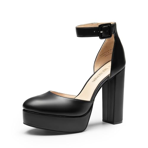 DREAM PAIRS Women's Platform High Chunky Heels Closed Toe Block Ankle Strap Dress Buckle Round Toe Wedding Party Comfortable Pumps Shoes,Size 8,Black-PU,SDPU2419W