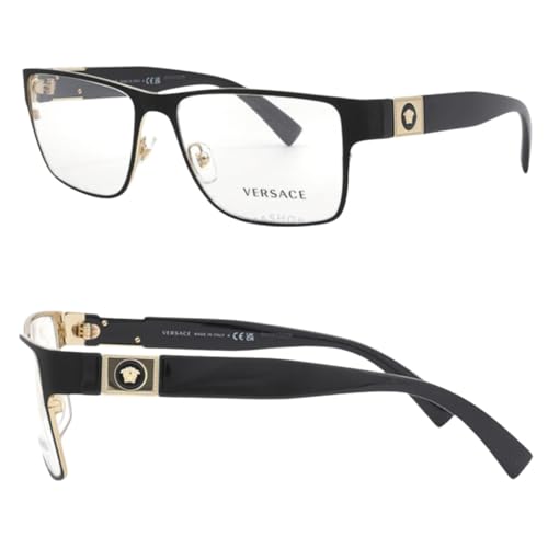 Versace VE1274 55mm Non-Polarized Glasses for Men - Matte Black & Gold Rectangle Metal Frame with Black Temples, Lightweight & Comfortable Eyeglasses for Prolonged use, eShades Eyewear Kit Included