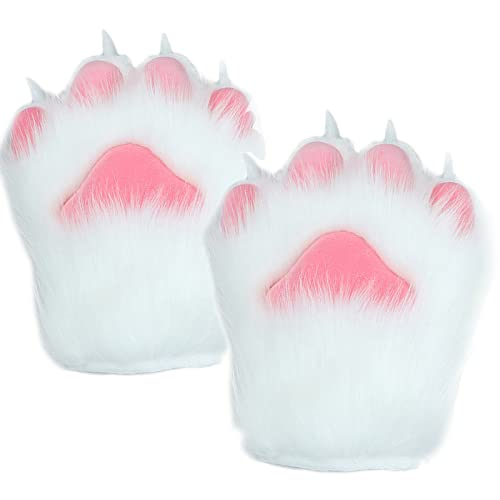 Fxaelian Cute Fluffy Cosplay Animal Cat Wolf Dog Fox Bear Bunny Paws Claws Gloves Mittens Halloween Christmas Cosplay Party Costume Accessories C White