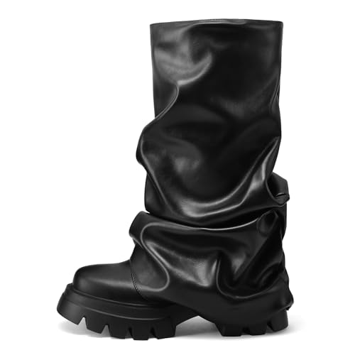 VOMIRA Slouchy Fold Over Boots for Women - Round Toe, Stacked Heel, Pleated Pull On, Wide Calf, Black Platform, Mid Calf Boots