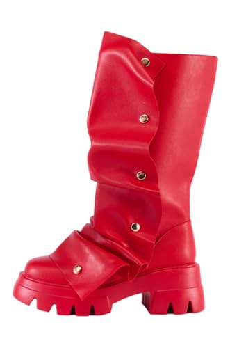 sexytag Mid Calf Boots for Women Platform Slouchy Boots Fold Over Short Booties Ruched Detachable Snap Button Block Chunky Heel Lug Sole Round Toe Pull On Western Fashion Boot Red Size 7