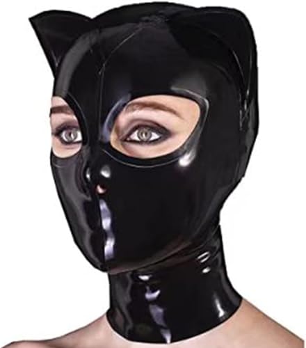 Black Latex Hood with Cat Ears Back Zipper Open Eyes Nose Rubber Mask Cosplay Club Wear Costume (M)