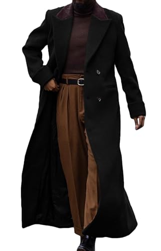 Man's Double Breasted Full Length Trench Coat Mens Casual Notch Lapel Long Jacket Peacoat Wool Blend Winter