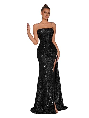 ADYCE Elegant Evening Dress Women Party Long Formal Dress Sequined Strap Ladies Gown Bodycon Floor Length Female Outfits (Black,Large)