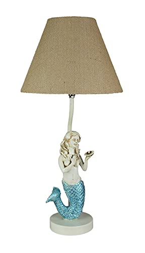 Zeckos Blue Glitter Tail Mermaid Resin Table Lamp with Burlap Shade, Ideal for Beachy Bedrooms and Nautical-Themed Living Rooms - Coastal Elegances, 22.5 Inches High