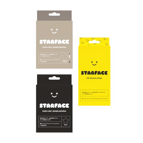 Starface World Black Star Hydrocolloid Pimple Patches Big Pack (96 ct), Lift Off Pore Strips for Blackheads and Clogged Pores (8 ct), and Earth Star Hydrocolloid Pimple Patches Big Pack (96 ct)