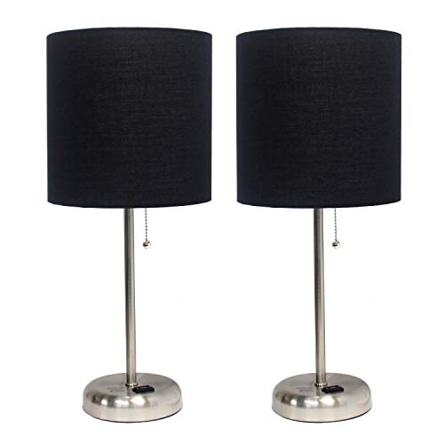 Simple Designs LC2001-BLK-2PK Brushed Steel Stick Table Lamp Set with Charging Outlet and Black Fabric Shades, 2 Pack Set