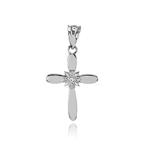 14K White Gold Diamond Accented 1 Solitaire Natal Starburst Flower Petal Cross Crucifix Pendant (?-? Color, I1 Clarity)