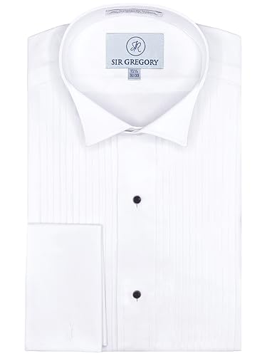 Sir Gregory Men's Regular Fit Tuxedo Shirt 100% Cotton Wing Collar French Cuff 1/4 Inch Pleat 14.5 Neck 32/33 Sleeve White