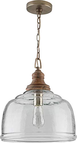 Capital Lighting 330318GY Julian Coastal Style Clear Organic Rippled Glass Pendant with Handcrafted Mango Wood Finial, 1-Light 60 Watt, 16" H x 14" W, Grey Wash