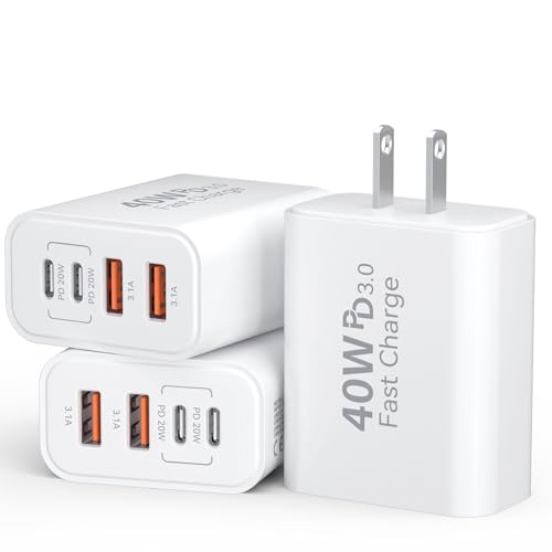 USB C Charger Block, 3Pack 40W 4 Ports Type C Fast Phone Charging Cubes PD 3.0 Wall Plug+ QC 3.0 USB A Charger Power Brick Box for iPhone 16/15/14/13/12/11 Pro Max, iPad, Galaxy, Pixel,White