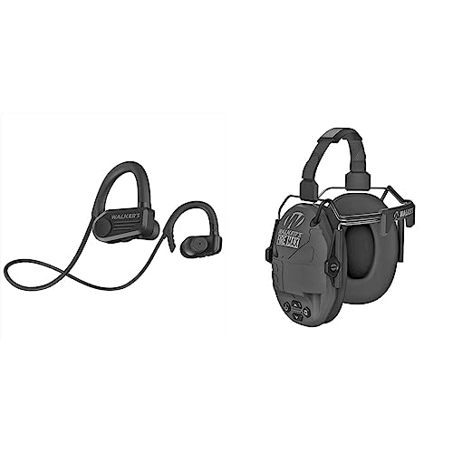 Walker's Shooting Ear & Hearing Protection Sport Electronic Bluetooth Rechargeable ATACS Wireless Earbuds and Walker's Rechargeable Lightweight Shooting Hunting Range Electronic Slim Low Profile Hearing Protection FireMax Behind The Neck Earmuffs Bundle