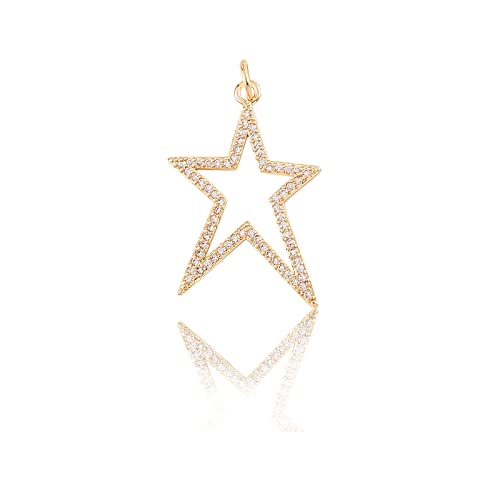 Stiesy 10 Pcs Brass CZ Stone Pendants Micro Pave Clear Cubic Zirconia Star Shape Charms with Real 18K Gold Plated - 27x19x2mm