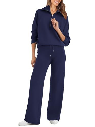 Glamaker Two Piece Sets for Women Sweatsuit Set Oversized Half Zip Sweatsuits Wide Leg Sweatpants Lounge Sets Travel Outfits Tracksuit Navy blue XS