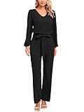 AUXDIO Black Long Sleeve Jumpsuits for Women Gorgeous Loose V Neck Belted Wedding Guest Wide Leg Pant Fall Romper Black XL