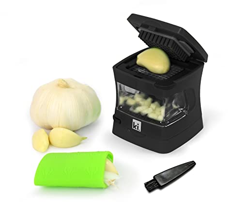 Kitchen Innovations Garlic-A-Peel Garlic Press, Crusher, Cutter, Mincer, and Storage Container - Includes Silicone Garlic Peeler - Easy to Clean - Stainless Steel Blades – (Black), standard