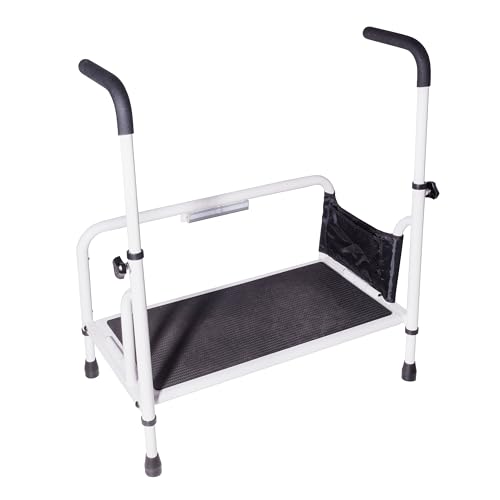 Stander Step-Stool, Portable Step with Adjustable Handles for Seniors and Elderly Adults, Extra Wide Heavy Duty Step-Ladder for Fall Prevention, Grab Bars, Motion Activated LED Light, White