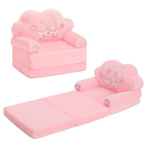 MOONBEEKI Toddler Chair Comfy，Foldable Princess Kids Couch for Girl, Toddler Recliners for Kids Over 18 Months, Kids Sofa Bed Fold Out (Pink)