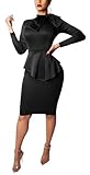 Women's Fashion Peplum Bodycon Long Sleeve Work Dresses Bow Club Ruffle Pencil Formal Cocktail Dress Black X-Large