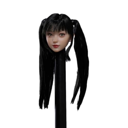 SOUFORCE 1/6 Scale Female Head Sculpt Asian Young Girl Big Movable Eyes Double Ponytail Black Long Hair Head for 12inch Phicen, TBLeague Action Figure Body Collection