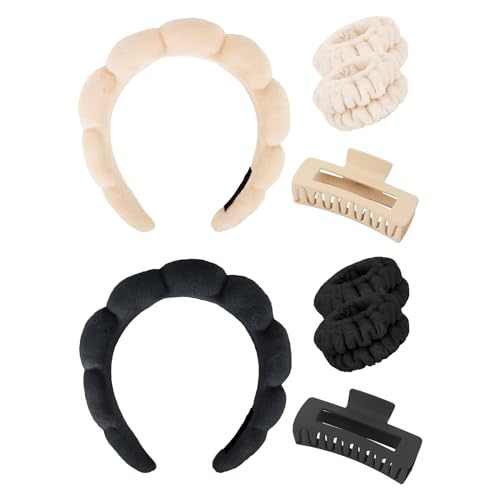 Wecoe Spa Headband and Wristband Set Skincare Headband For Washing Face Hair Claw Clips Cute Khaki and Black Puffy Sponge Bubble Makeup Hairband Wrist Towels Scrunchies For Women Girls