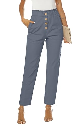 NIMIN Summer Pants for Women Work Casual High Waisted Paperbag Pants Stretchy Elastic Waist Ankle Cropped Pants with Pockets Blue Grey Large