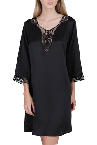 OSCAR ROSSA Women's Luxury Silk Sleepwear Hand Crafted ¾ Sleeves 100% Mulberry Silk Nightgown Sleep Dress, Black, XL