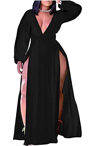 Women's Sexy Long Sleeve Spaghetti Strap Backless Split Cocktail Long Dress XL 2#Black