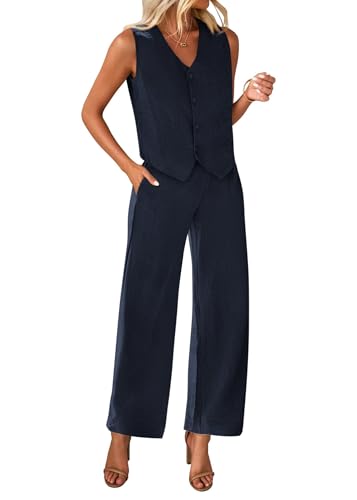 KIRUNDO Two Piece Outfits for Women Summer Sets 2025 Trendy Button Crop Vest Wide Leg Pantsuit Matching Set Spring Fashion Clothes(Navy, Medium)