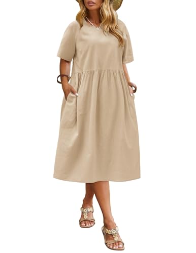 IN'VOLAND Plus Size Women's Vintage Linen Dresses Patchwork Pockets Puffy Swing Casual Party Dress Khaki