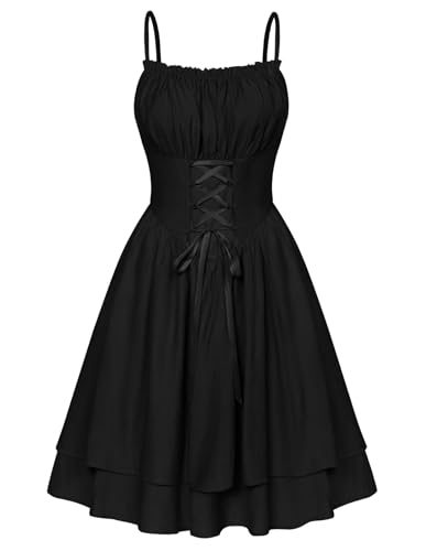 Renaissance Dress Corset Sundress for Women Lace Up Summer Cami Dress Black M